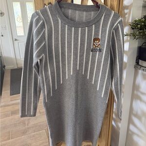 Moschino Gray Striped Knit Dress with Teddy Logo